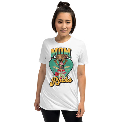 Funny Doxie dog rocks with drums making rock and roll on a Mom Rocks Unisex T-Shirt