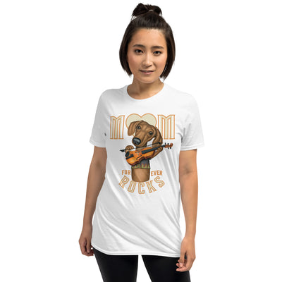 Cute Doxie dog with violin on Mom Furever Rocks Unisex T-Shirt