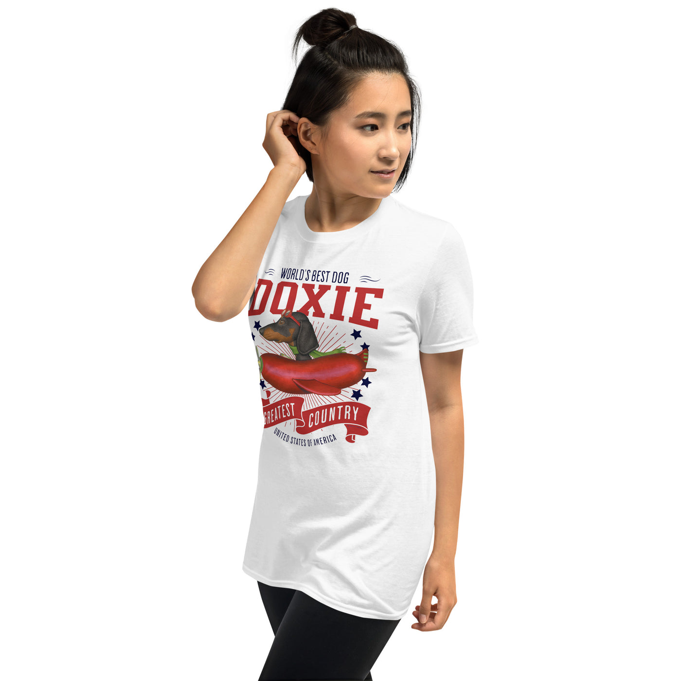 Cute Doxie Dog flying red hotdog plane on USA Unisex T-Shirt