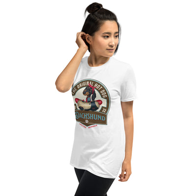 Cute and famous doxie dog driving a retro classic car for shopping on an Original Hot Dog Dachshund Unisex T-Shirt