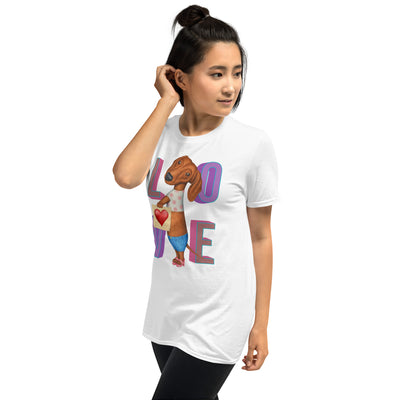 Doxie Dog with a cute love symbol on a Dachshund LOVE Unisex T-Shirt