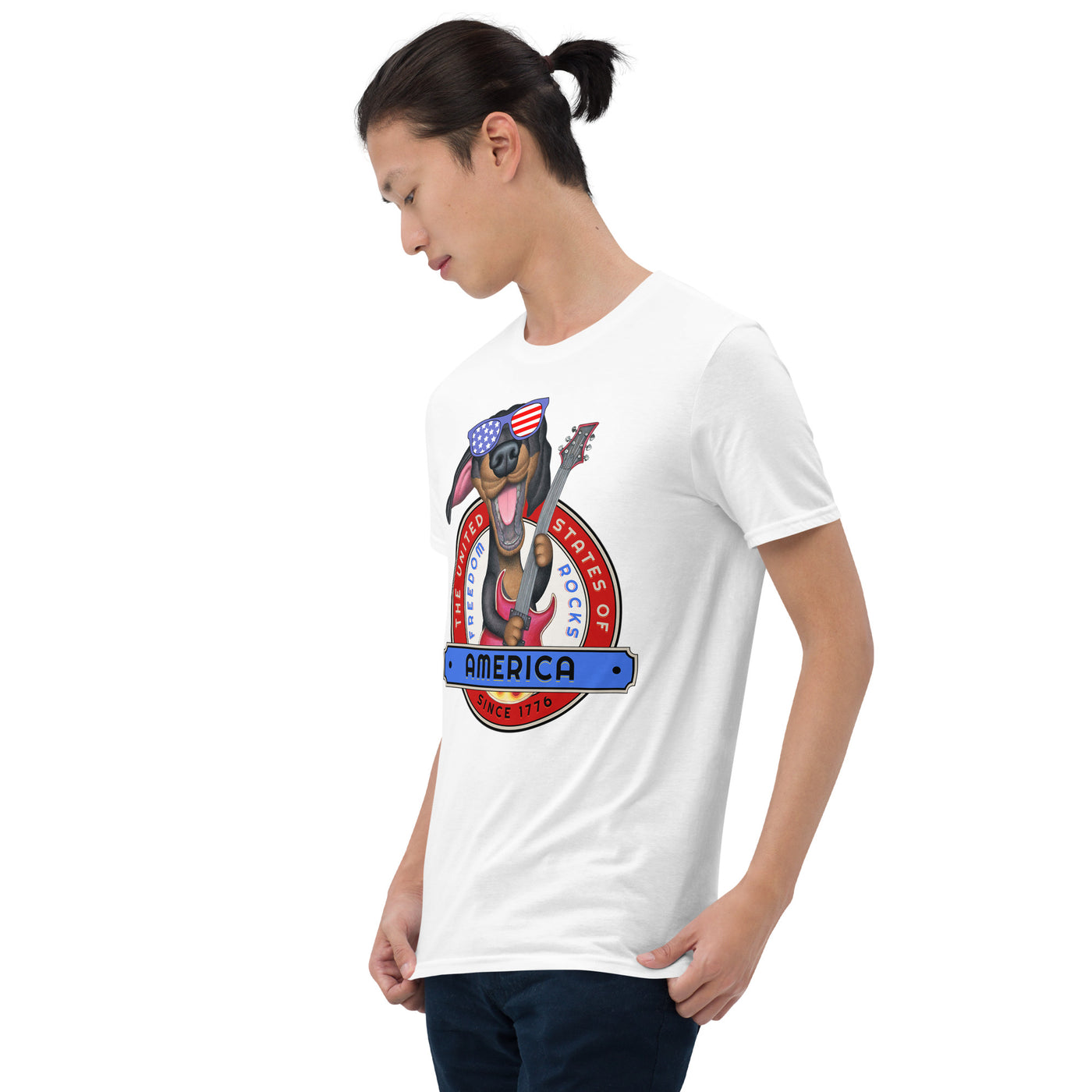 Funny Doxie dog with a guitar with red white and blue on a USA Freedom Unisex T-Shirt