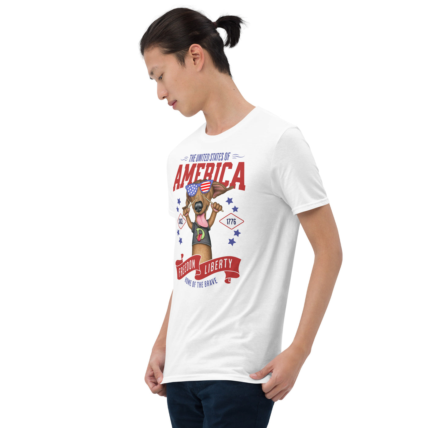 Doxie playing for the red white and blue musical band on a USA Freedom Liberty Unisex T-Shirt