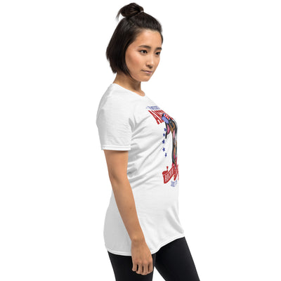 Red white and blue for this doxie dog as he rocks on a Rockin Freedom Since 1776 Unisex T-Shirt